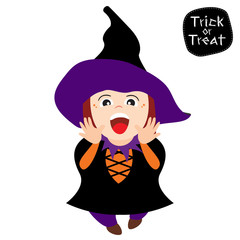 vector illustration of girl in witch costume. Cute character for happy Halloween.