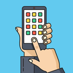 Hand holding smartphone with app icons. Thin line flat design. Vector illustration