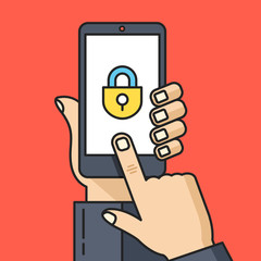 Hand holding smartphone with lock icon. Unlock screen, privacy, phone protection, password concepts. Thin line flat design. Vector illustration