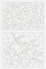 Obraz premium Set contour illustrations, blooming Apple tree branch and the branch with fruit
