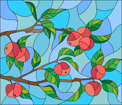 Illustration in the style of a stained glass window with the branches of Apple trees , the fruit branches and leaves against the sky