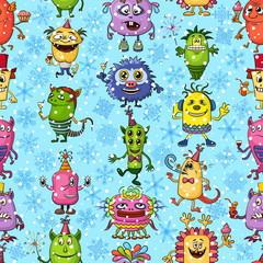 Seamless Christmas Background for Your Holiday Party Design, Different Cartoon Monsters and Blue and White Snowflakes, Colorful Tile Pattern with Cute Funny Characters, Feasting and Dancing. Vector