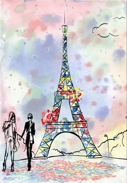 tour Eiffel romantic illustration heart frame drawing water colo