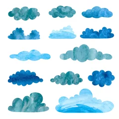 Fototapete Set of watercolor rainy clouds. Collection of thunderclouds isolated on white.  © Afanasia