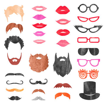 Watercolor props set. Vector collection of mustache, beards, haircuts, lips and sunglasses. Birthday party photo booth props. 