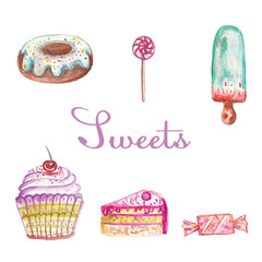 set of different watercolor sweets