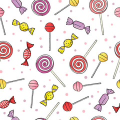 Colorful lollipop and candy seamless pattern. Vector sweets background. 