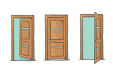 Set of cartoon doors, closed and open, isolated on white. Vector illustration. 