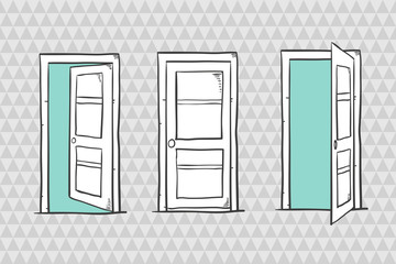 Set of sketch doors, closed and open. Vector illustration. 