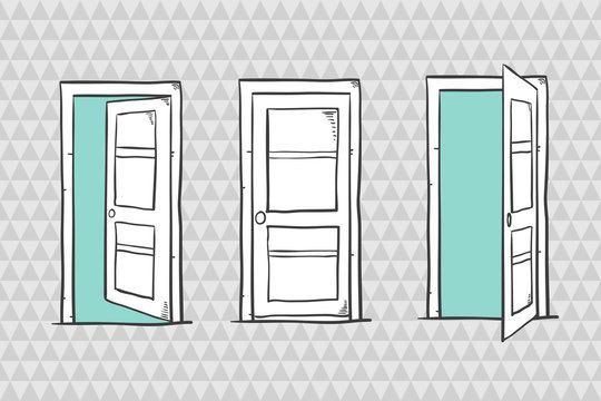 Set of sketch doors, closed and open. Vector illustration. 