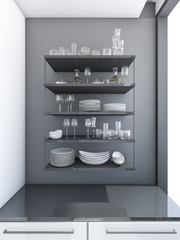 3D rendering black built in glass shelf with reflect top desk