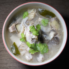 Chicken soup with banana blossom, Thai traditional food.
