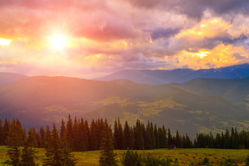 Picturesque Carpathian mountains landscape, scenery of sunset. Ukraine, Europe.