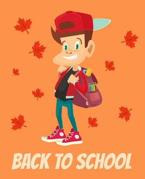 Schoolboy character with backpack. Back to school. Vector flat cartoon illustration