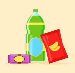 Potato chips soda and chocolate. Vector flat cartoon icon illustration