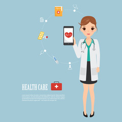 Doctor on mobile application. Medical service health care infogr