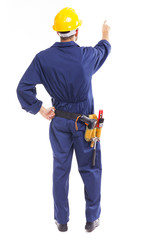 Image of a young worker pointing, isolated on white background