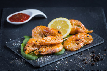 Grilled prawn shrimps on plate