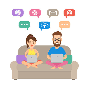 couple man and woman sitting on the sofa in yoga poses with notebooks surfing internet