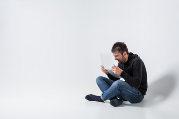 emotional man and notebook