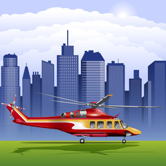 Image of helicopter on the background the skyscrapers of the business center of the modern city.