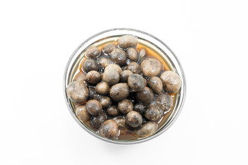 Thai puff ball mushroom soup in glass bowl on white background,Barometer Earthstars ,Food of northern Thailand