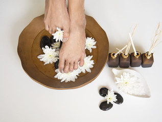 Obraz na płótnie Canvas Spa treatment and product for female feet spa, Thailand. select and soft focus 