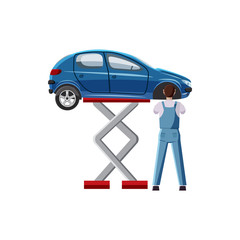 Blue car on a scissor lift platform icon in cartoon style on a white background