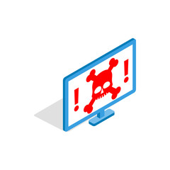 Obraz premium Computer monitor with a skull and bones icon in isometric 3d style on a white background