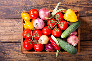 fresh vegetables in wooden box
