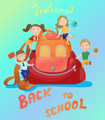 Cute kids playing on backpack. Back to school concept, banner, poster
