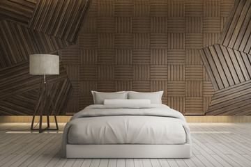 3d rendering beautiful white clean bed with lamp and wood wall