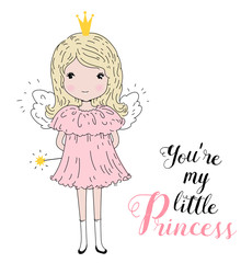 Cute little girl. Princess, fairy, angel. Vector illustration, greeting card for kids.