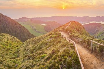 Mountain landscape with hiking trail and view of beautiful lakes, Ponta Delgada, Sao Miguel Island, Azores, Portugal