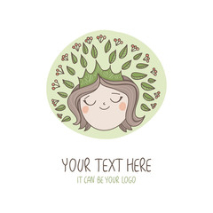 Vector Female Face Logo with floral crown. Woman face with Floral Hair Icon. Natural Beauty Concept.