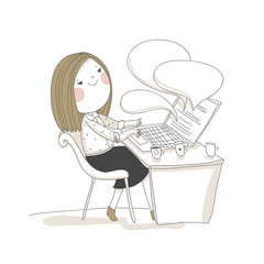 Girl is sitting in front of laptop. Freelancer. Vector illustration.  - 117663588