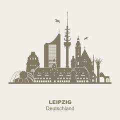 Obraz premium Leipzig Skyline Schattenriss Denkmäler Kultur Sehenwürdigkeiten blau Verlauf City-Hochaus Thomaskirche Friedenssäule Tierpark Rathaus Völkerschlachtdenkmal winterlich