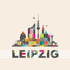 Leipzig Skyline Schattenriss Denkmäler Kultur Sehenwürdigkeiten Wandtatoo bunt detailreich Mosaik Stadtführung Reise Städtereise