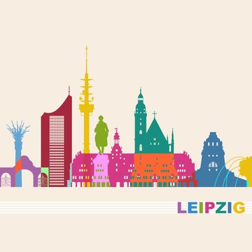 Leipzig Skyline Schattenriss Denkm&auml;ler Kultur Sehenw&uuml;rdigkeiten blau Verlauf City-Hochaus Thomaskirche Friedenss&auml;ule Tierpark Rathaus V&ouml;lkerschlachtdenkmal winterlich