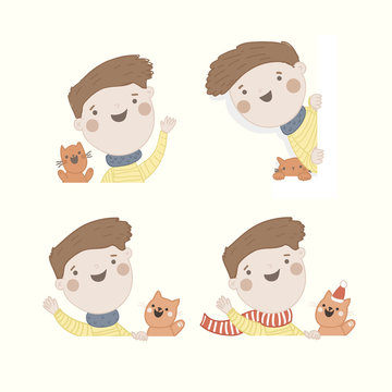 Cute vector characters welcomes you. Friendly boy in yellow sweater and red cat.  