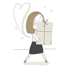 Girl is holding a big gift. New product releise. Business illustration. Cute vector character.   - 117663951
