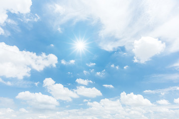 Blue sky with clouds and sun reflection. looking up view