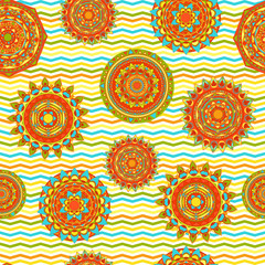 mandala and chevron seamless vector pattern in summer colors