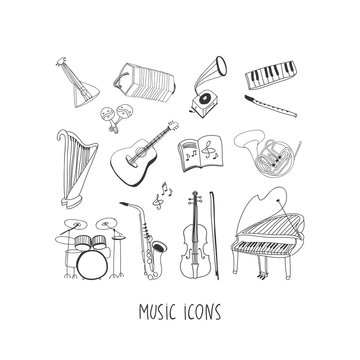 Music hand drawn vector icon set