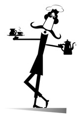 Have a cup of coffee or tea. Comic cook holds a tray with cup and cream and a pot in his hand 
