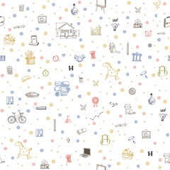 Seamless pattern of different social, food, business, animals and community icons