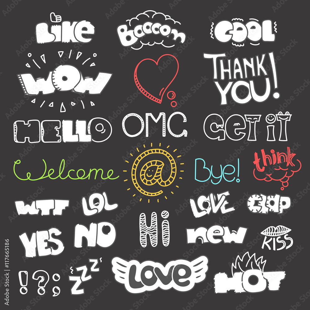 Poster different sketch style words collection on dark background. vect