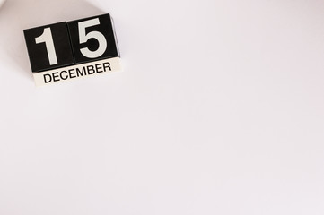 December 15th. Day 15 of month, calendar on white background. Winter concept. Empty space for text