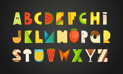 Different food colorful creative Alphabet. Vector illustration