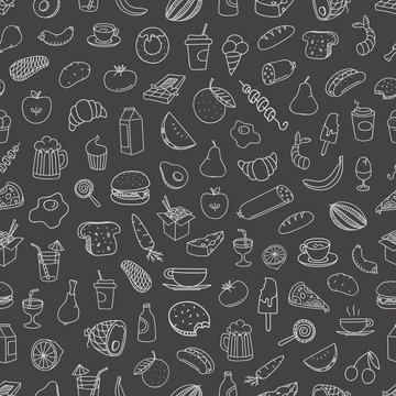 Different food doodles seamless background. Lineart hand-drawn e
